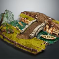 Cartoon Scene With Willow Tree Stone Bridge River Small Boat Wooden Fence And Green Grass