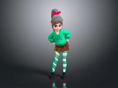 Woman In Green Hoodie Brown Skirt Striped Tights With Red Bow And Ponytail 3d model