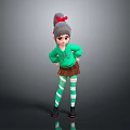 Woman In Green Hoodie Brown Skirt Striped Tights With Red Bow And Ponytail