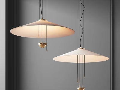 Two Modern Minimalist Pendant Lights With White Round Shades Gold Accents And Black Suspension Wires 3d model