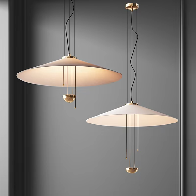 Two Modern Minimalist Pendant Lights With White Round Shades Gold Accents And Black Suspension Wires 3d model
