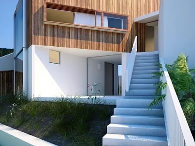 Modern Detached Villa Exterior Design With Wooden Facade Staircase And Green Plants 3d model