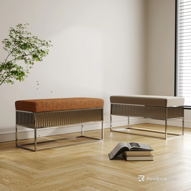 Two Tone Upholstered Benches With Metal Legs Ribbed Design In Bright Room With Wooden Floor 3d model 