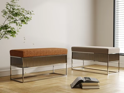Two Tone Upholstered Benches With Metal Legs Ribbed Design In Bright Room With Wooden Floor 3d model