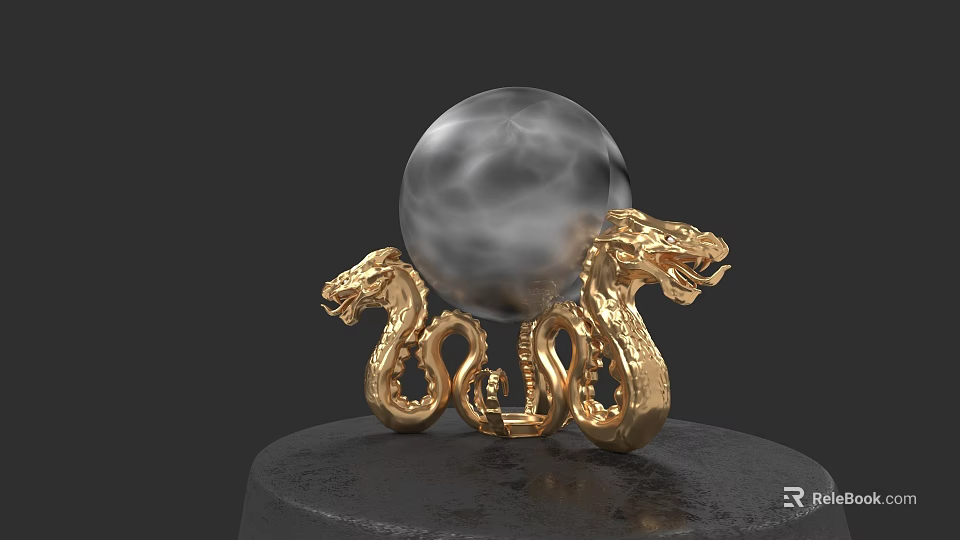 Golden Sculpture With Two Dragons Coiled Around Gray Sphere On Black Base 3d model 