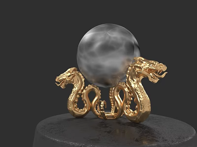Golden Sculpture With Two Dragons Coiled Around Gray Sphere On Black Base 3d model