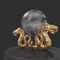 Golden Sculpture With Two Dragons Coiled Around Gray Sphere On Black Base