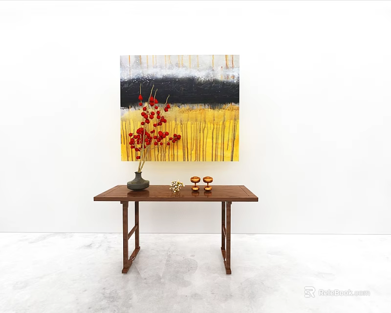 Entryway Console Table with Vase Red Flowers Candle Holders and White Wall Yellow Black Artwork 3d model 