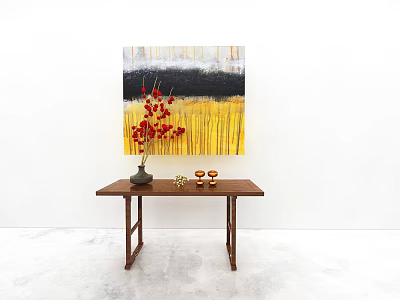Entryway Console Table with Vase Red Flowers Candle Holders and White Wall Yellow Black Artwork 3d model
