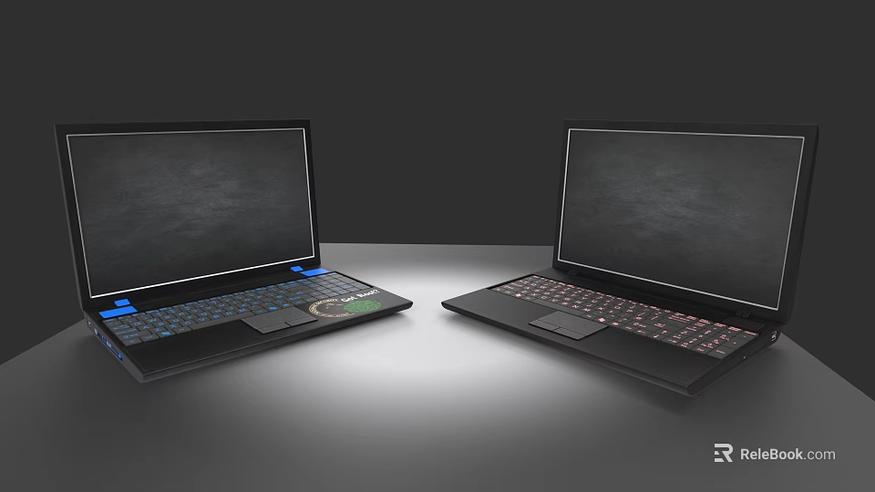Modern Electronic Devices Two Black Laptops With Backlit Keyboards And Screens 3d model 