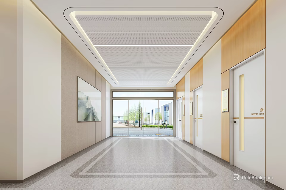 Hospital Outpatient Clinic Corridor With Modern Design Bright Lighting Wooden Walls And White Doors 3d model 
