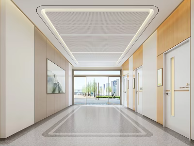 Hospital Outpatient Clinic Corridor With Modern Design Bright Lighting Wooden Walls And White Doors 3d model