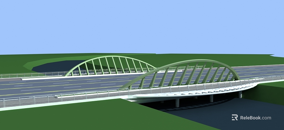 Modern Green Arched Bridge Design With Road And Scenic Water View 3d model 