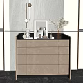 Beige Entryway Console Table With Black Top Decorative Plants Photo Frame And Striped Wall