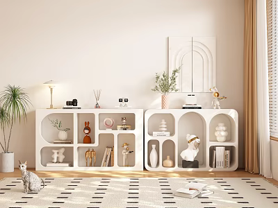 Modern White Decorative Cabinet with Vases Sculptures Books and Green Plants in Stylish Living Room 3d model