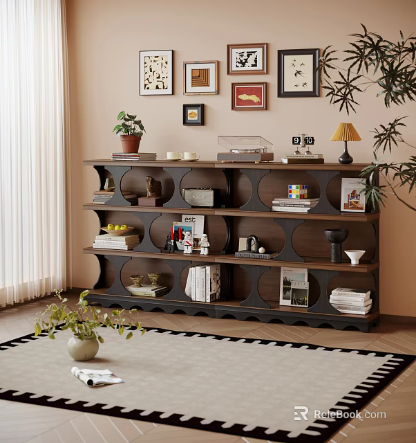 Minimalist Modern Wooden Decorative Cabinet In Living Room With Books Decorations Plant And Frames 3d model 