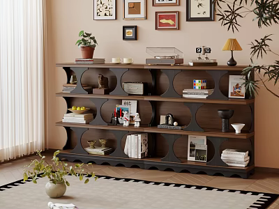 Minimalist Modern Wooden Decorative Cabinet In Living Room With Books Decorations Plant And Frames 3d model