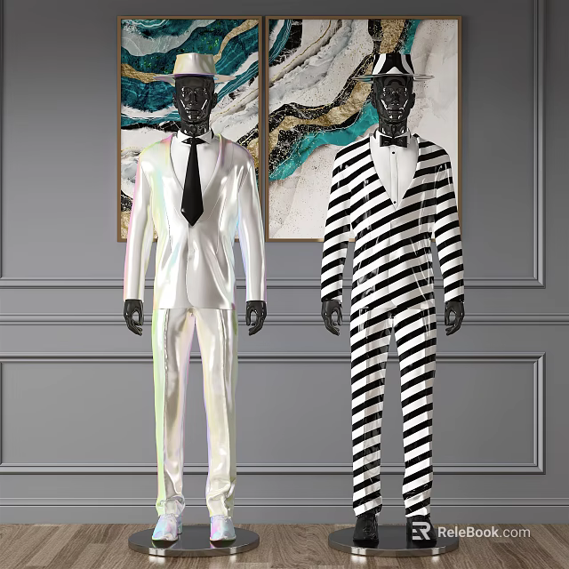 Mannequins Wearing White Shiny Suit Black Tie and Black White Striped Jumpsuit Against Grey Wall 3d model 