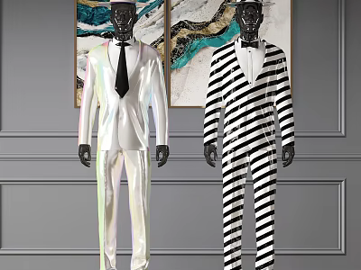 Mannequins Wearing White Shiny Suit Black Tie and Black White Striped Jumpsuit Against Grey Wall 3d model