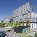Modern Office Building Complex With Green Roofs Landscaped Areas And Tower Structure