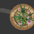 Green Plants With Pink Flowers In Wooden Barrel Pot And Bee