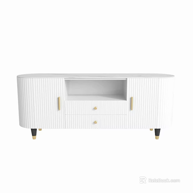 White Striped TV Stand With Gold Handles Open Storage Drawers And Gold Legs 3d model 