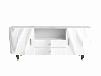 White Striped TV Stand With Gold Handles Open Storage Drawers And Gold Legs 3d model