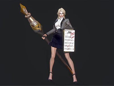 Blonde Game Movie Character in Suit Skirt High Heels Holding Weapon and Red Mark Document 3d model