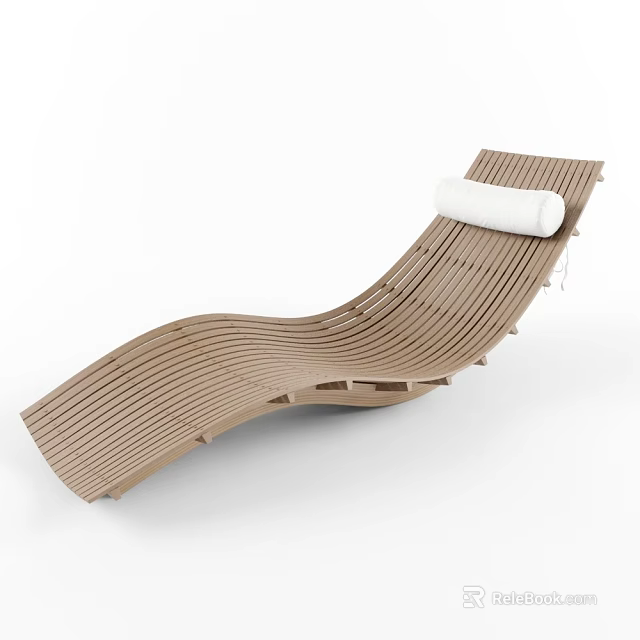 Curved Slatted Wooden Lounge Chair With White Cushion And Modern Design 3d model 
