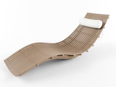 Curved Slatted Wooden Lounge Chair With White Cushion And Modern Design 3d model