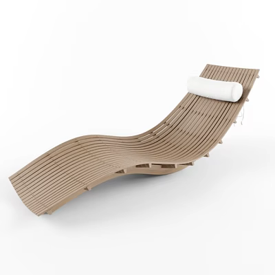 Curved Slatted Wooden Lounge Chair With White Cushion And Modern Design 3d model