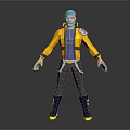 Game and Movie Character With Blue Green Hair Mask Yellow Jacket Gray Pants And Boots
