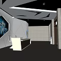 Modern Exhibition Hall Interior With Blue Cube Installation And Digital Screens 3d model