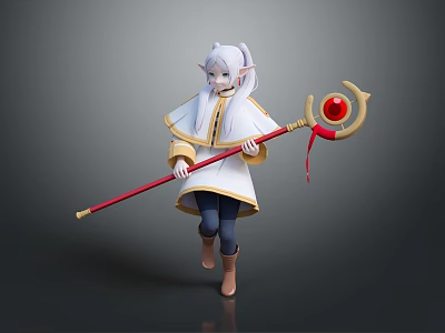 White Haired Long Eared Character Walking With Red Staff Featuring Golden Head And Red Gem 3d model