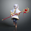 White Haired Long Eared Character Walking With Red Staff Featuring Golden Head And Red Gem
