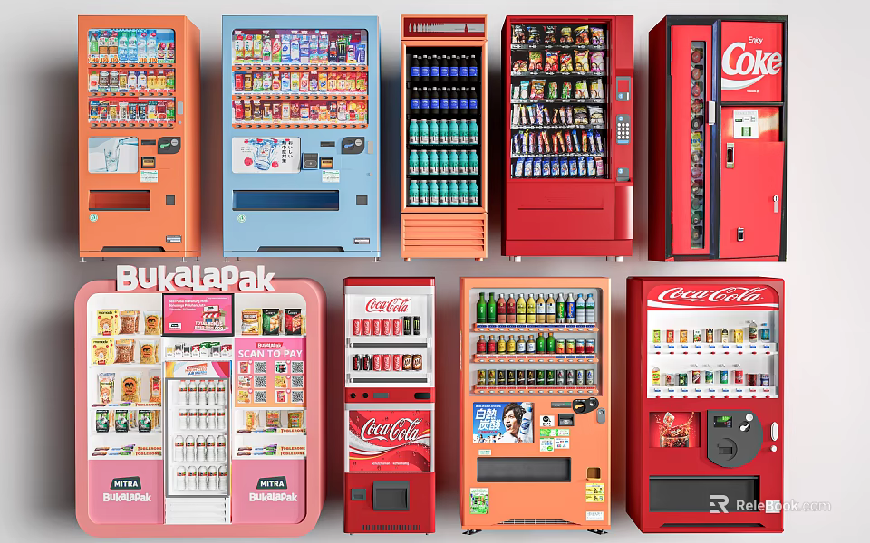 Assorted Colored Vending Machines Featuring Coca Cola Drinks And Snacks 3d model 