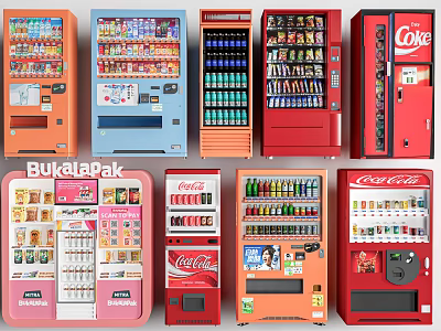 Assorted Colored Vending Machines Featuring Coca Cola Drinks And Snacks 3d model