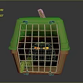 Green Pet Cage With Grid Door Wooden Handle And Yellow Eyed Pet Inside