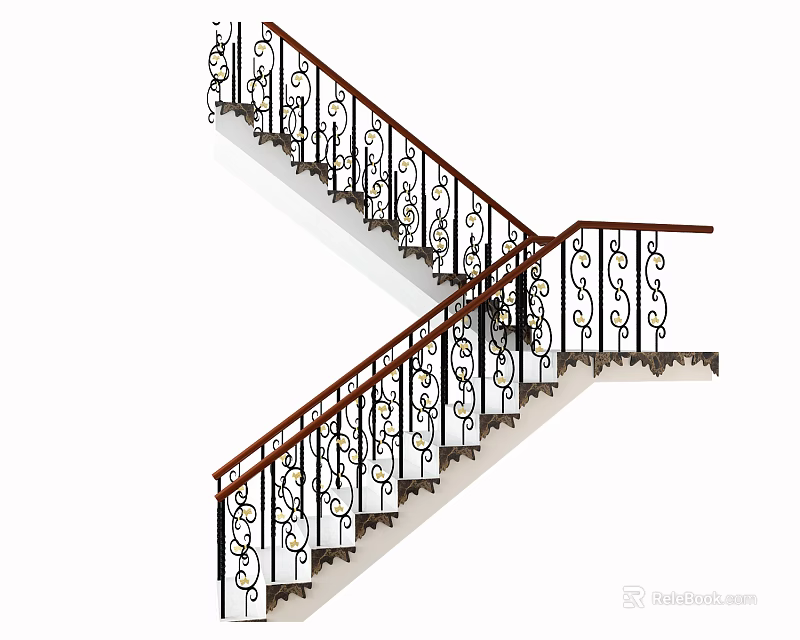 Elegant Indoor Staircase Design With Ornate Iron Railings And Wooden Handrails 3d model 