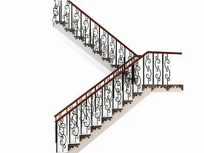 Elegant Indoor Staircase Design With Ornate Iron Railings And Wooden Handrails 3d model
