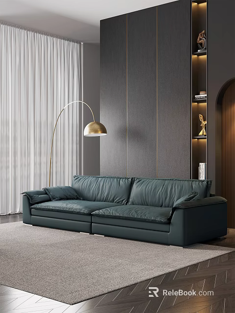 Two Seater Green Leather Sofa Interior Design With Arched Gold Floor Lamp And Gray Walls 3d model 