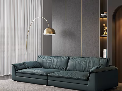 Two Seater Green Leather Sofa Interior Design With Arched Gold Floor Lamp And Gray Walls 3d model