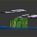 3D Rendered Cartoon Scene With Green Rock Formations And Transparent Floating Elements On Blue Circular Base