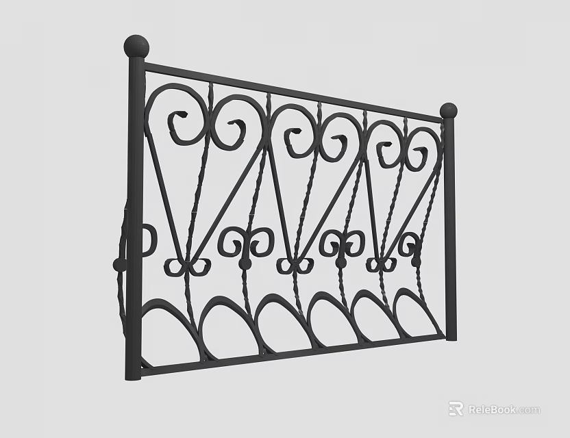 Black Decorative Wrought Iron Fence With Intricate Scroll Design And Top Ball Ornaments 3d model 
