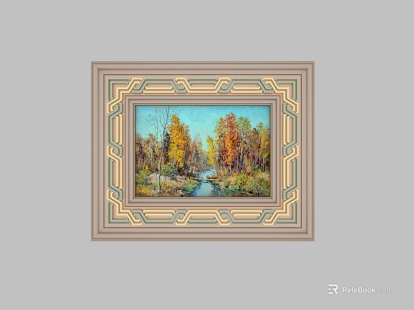 Framed Oil Painting Of Autumn Forest With Colorful Trees And Stream 3d model 