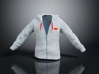 Gray Zip Up Hoodie With Red Drawstrings And Front Emblem Design 3d model