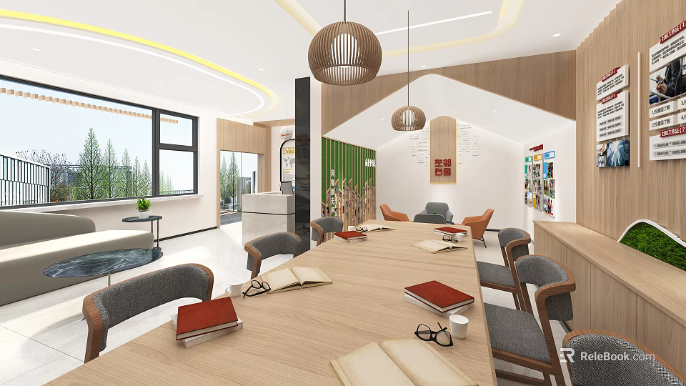 Modern Meeting Room Interior With Wooden Long Table Gray Chairs Green Plants And Large Windows 3d model 