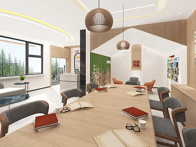 Modern Meeting Room Interior With Wooden Long Table Gray Chairs Green Plants And Large Windows 3d model