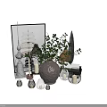 Stylish Decorative Ornament Set With Green Foliage Gray Vase Golden Silver Leaves And Candles