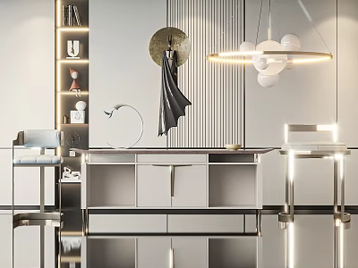 Modern Luxury TV Stand with Metal Frame White Cabinet Side Bookshelf and Overhead Pendant Light 3d model